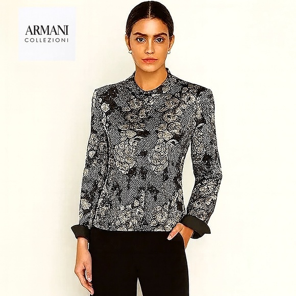 Armani Collezioni Black & Ivory Floral Print Jacket Sikk Linned– Size 8 - Picture 1 of 16